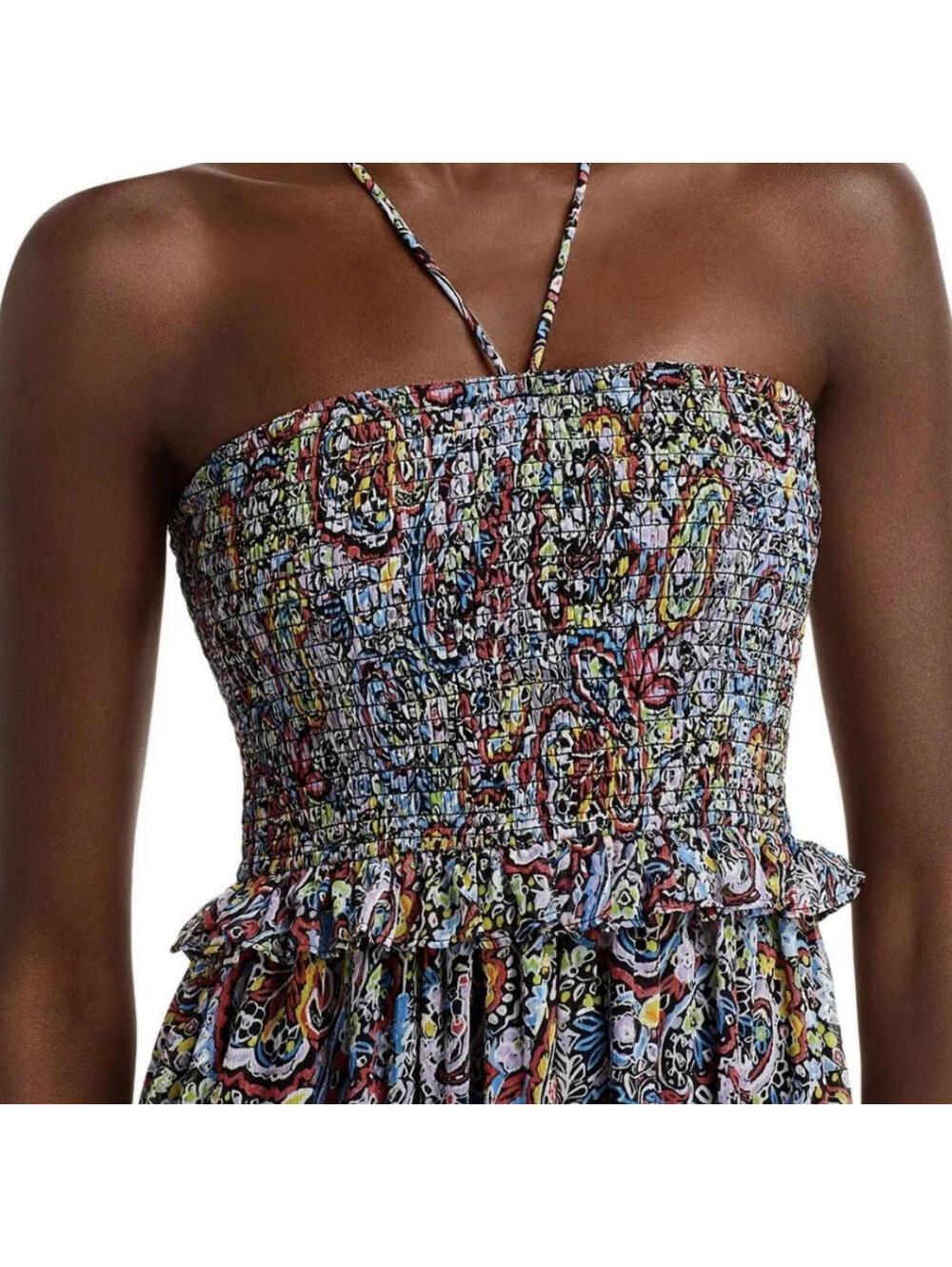 Aqua Paisley Smocked Halter Midi Dress Small Boho - Picture 3 of 9